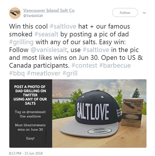 Social media example by Vancouver Island Salt with a picture of a hat (free giveaway)